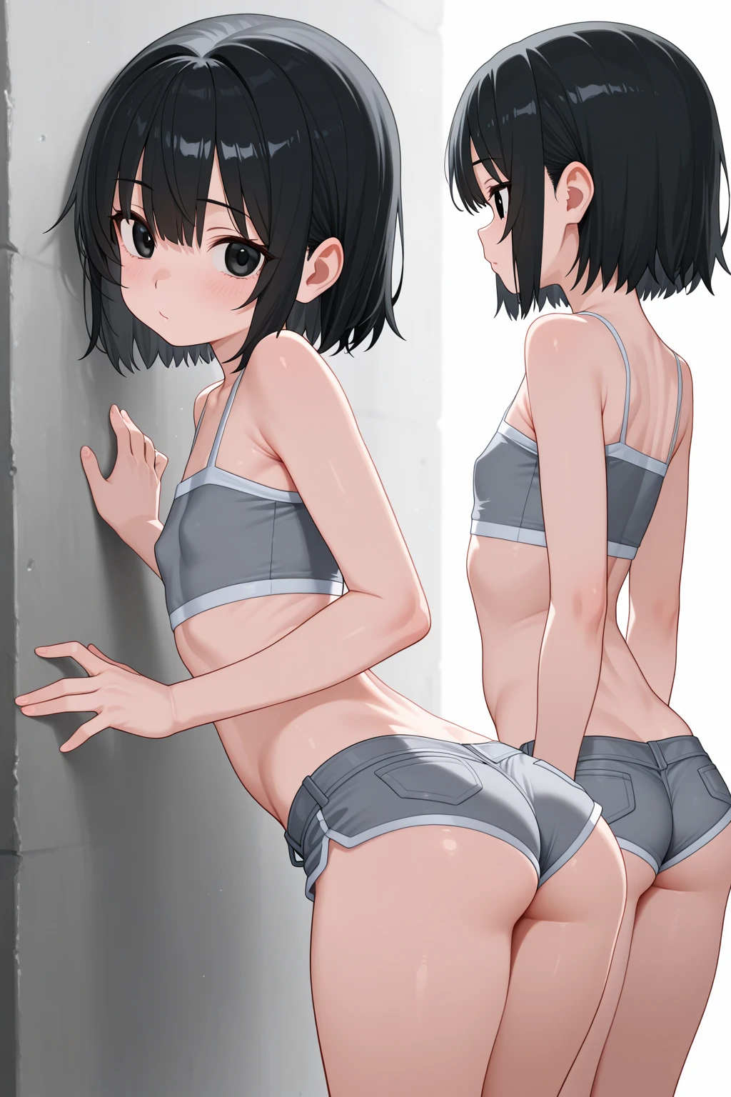 ((young girl ,short stature,gyaru)) ,flat chestembarrassed, flushed, flushing,((frilled one-piece-swimsuit,))black hair,cowboy shot,nsfw,heavyset,fuck ass