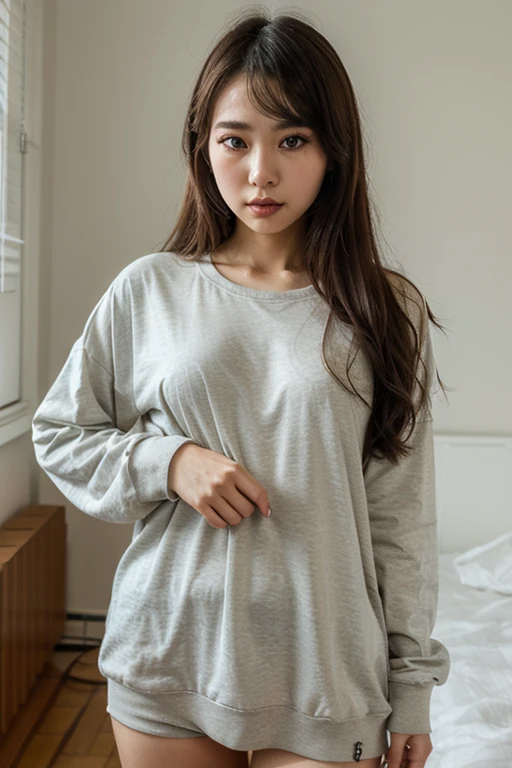 muste piece, best quality, illustration, Super detailed, fine details, High resolution, 8K,wall paper, perfect dynamic composition,(Details High quality, realistic depiction of eyes:1.3), (Fashionable、Beige oversized sweatshirt、long-sleeve), large breasts,short bob hair, black hair color, Big Natural Color Lip, bold sexy pose, crying a little、cold gaze, Harajuku style、20 year old girl、cute type、lolita、beautiful legs, hotel room, hposing Gravure Idol, (woman on top, straddling, sitting)