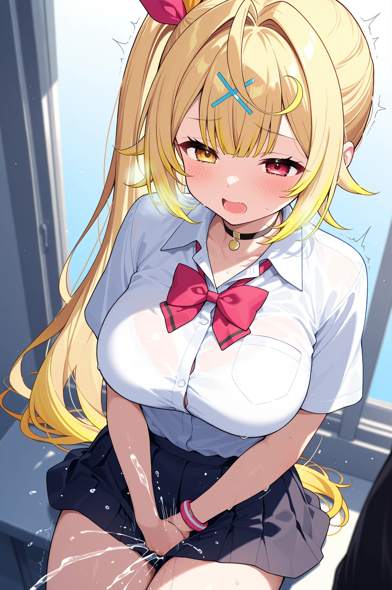 1 Female, Age 20,whole body,Standing,blonde perm hair,Gal,((face)), In the heat, Sulky face, Yellow Eyes,tits, White shirt,Navy blue tie,High quality anime, Vulgar,(90s Anime), ((Sweat)), Mastepiece, Ultra High Quality, High resolution, 8K, background:live-action,background:Super Real,background:Photographic school classroom,Window,sunlight,((Fisheye Lens)),backgroundボケ,(Low - Angle),