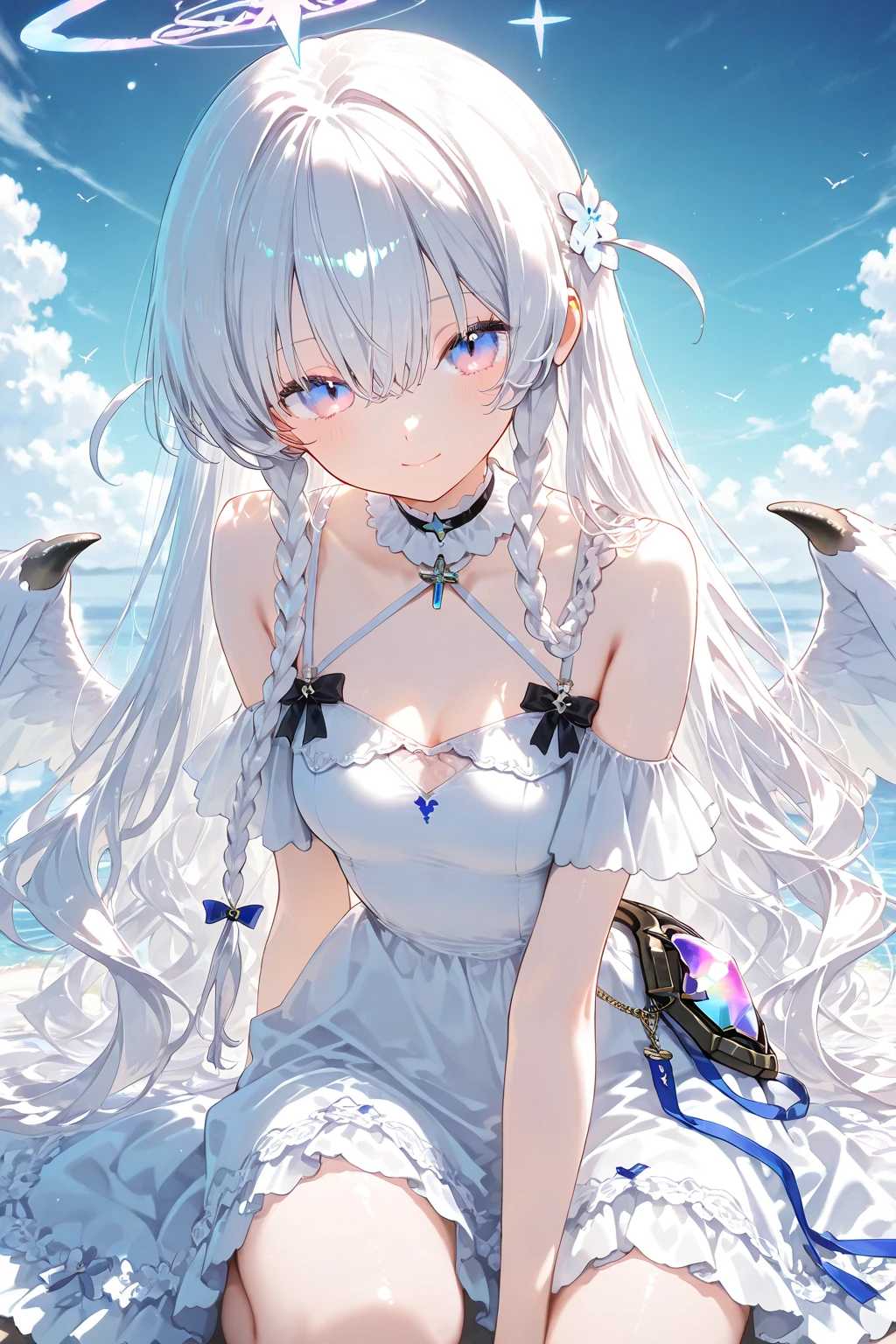White hair,Long hair,Cat ear,Heterochromia blue-yellow,female face,There are bright spots in the eyes,Female hands,White little hands,Normal fingers,flat chest,Solitary,blue halo,On an island in the sky,Day and night mix,Angel Wings,White pantyhose,moon,Hands together