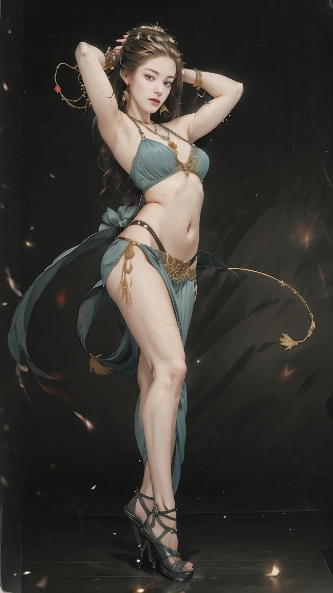 (masterpiece), (Maximize highest quality:1.5), (Maximum highest beautiful digital illustrations:1.5), ultra highest clear details, Smooth, soft, transparent and realistic skin texture:1.5, Maximize real glossy hair texture:1.5, highest beautiful detailed eyes:1.5, (maximum resolution), 16k, 1080p, 300 ppi, 700 dpi, (perfect anatomy), (anatomically correct), Beautiful background with depth, Rule of thirds:1.3, Depth of field:1.5, Maximize optimal and highest beautiful lighting:1.3, dynamic angle:1.3, looking at viewer:1.2, full body, 1woman, sexy, 25years old, beautiful face sharp, elegant woman, Ultimate perfect body style, beautiful beautiful big breasts, Maximize upturned breasts, green eyes, shiny blonde hair, short hair, bob cut, (eyes visible through hair:1.3), glossy very thick lips, pink lipstick, Richly decorated Arabian dancer costume:1.5, (intricately designed with lots of lace), (See-through belly dance mask:1.5), (Pelvic curtain:1.5),