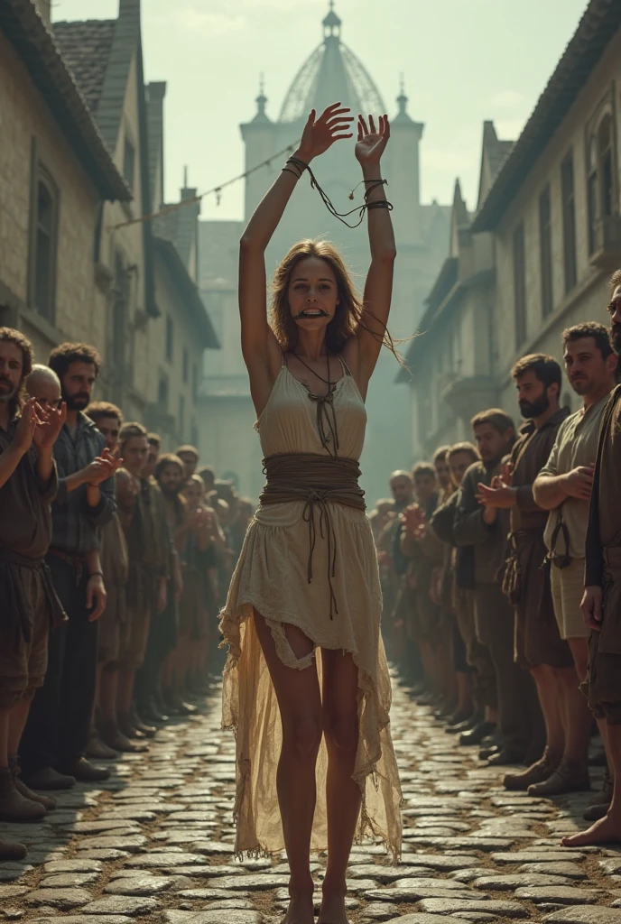 The scene of the hanging of the girl in white pants , gallows , many people around are laughing , feet in the air