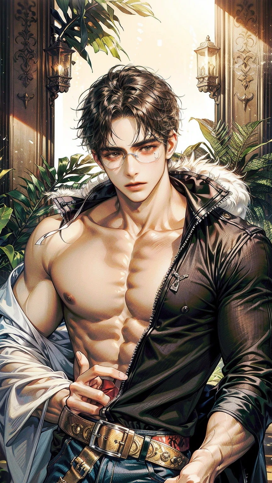 Male, black hair, hair parted in the middle, a scar on the right cheek, brown eyes, no shirt, muscular, large chest Wear glasses,8k ,Clear picture
