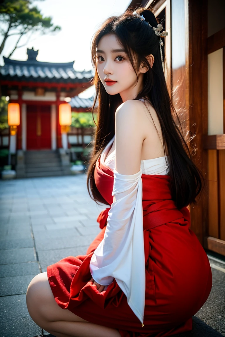 Shining, clear, white skin、Her windblown black hair hides her beautiful face.、huge、Sexy beautiful face of 28 years old、Beautiful straight hair that stands out、growing up, glowing light brown eyes、Sexy long silky bangs covering the eyes, Sexy young woman with super long hair hiding her sexy face、Shiny black hair、(((Sexy Woman)))、The cleavage is visible,Red sexy dress