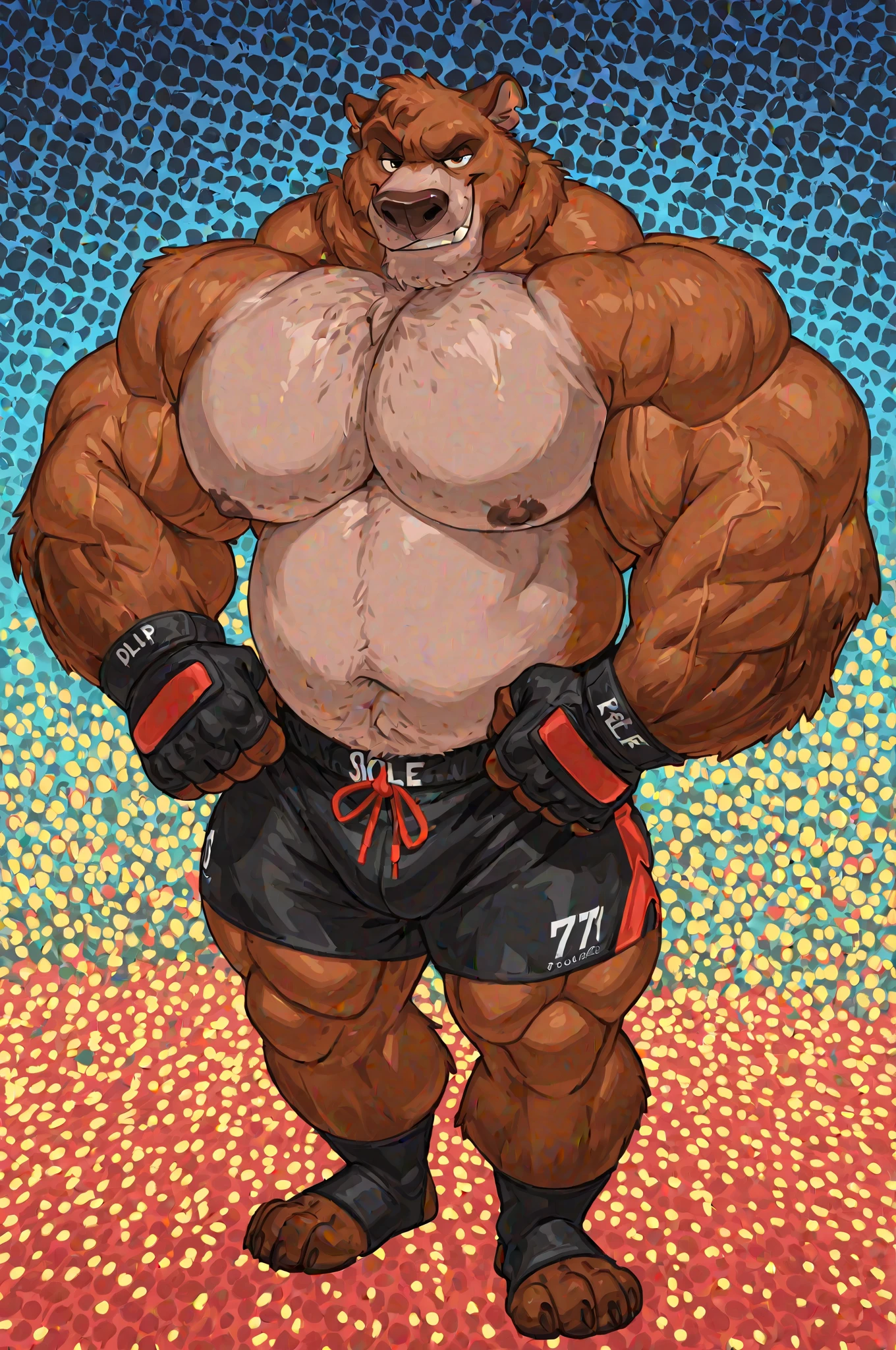 a huge muscular kodiak brown bear, extremely detailed brown fur, powerful pecs, beer belly, veins popping,red boxing gloves, black boxing pants with red line, flexing for boxing victory, masterpiece, 8k, ultra-detailed,realistic,photo-realistic,physically-based rendering,vivid colors
