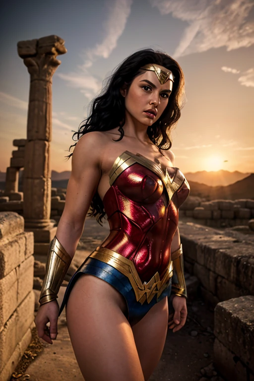 ((masterpiece), (solo character), (photorealistic:1.4), ),(best quality), (epiCRealLife), (g4lg), (g4lg large breasts), (g4lg show cleavages), (Gal Godot in wonder woman costume), (lora:epiCFlashPhoto),(flashphoto), (flash photography) (look at viewers), (sunset), (photoshoot), (wonder woman theme),, (g4lg in different squatting poses), (different angle camera shots)