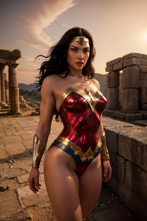 Wonder Woman, natural hair, realistic portrait, 4k, supreme detail, highly detailed, smooth, sharp focus, cinematic lighting, facing the camera, dark studio, rim lighting, two-tone lighting, poorly lit, discreet, full body, muscular body, realistic pose, with detailed and proportional feet and hands, showing movement and expression, standing, ancient Greek ruins, lake, trees, jaydenjameslora