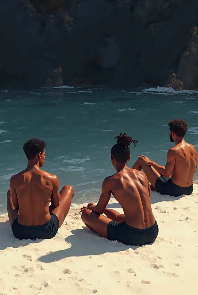 Three attractive muscular buff jamaican men, completely naked on the beach on a sunny day, each covering their penises low part with a piece of cardboard, without covering their muscular torsos 