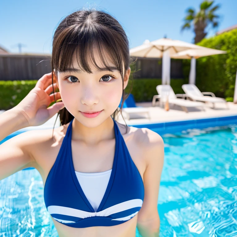Beautiful young woman taking a selfie, Taken with iPhone camera、Swedish beauty,Long Hair((スポーツSwimwear:1.3)), Swimwear,Upper Body,One Girl