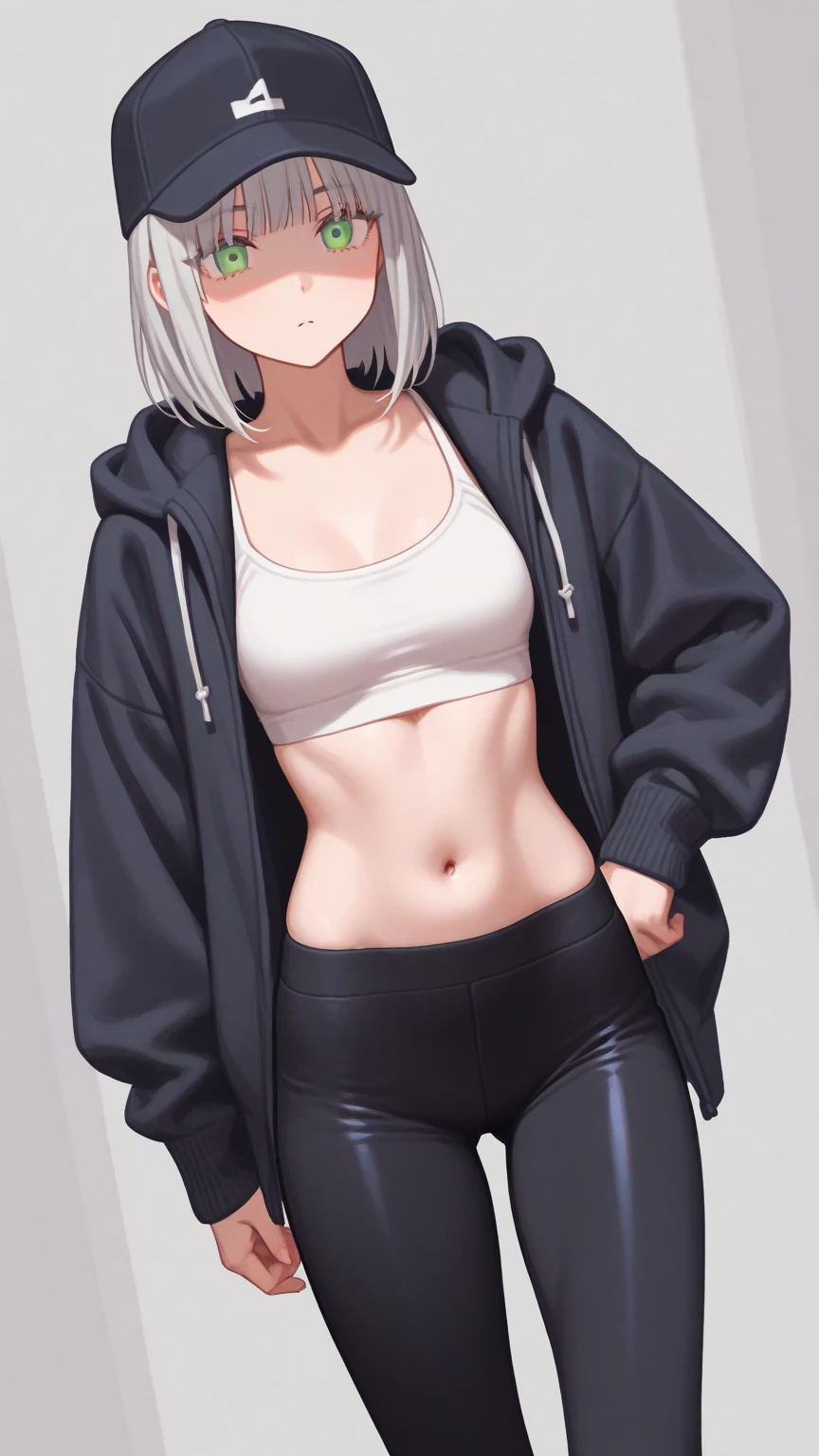 Highest quality,Girl,Silver Hair,Short Hair,ponytail,Grey Eyes,Bedroom,coat,Sports Bra,underwear,fur
