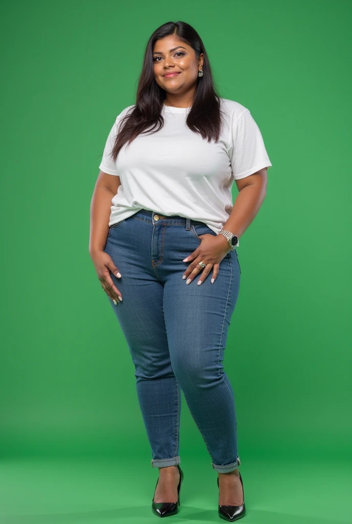 image captured with a Sony α7 III camera, full body shot, an narrow waist, wide hips, and a full bust. The proportions are highly stylized, with a sharp contrast between the tiny waist and the expansive curves of the hips and chest, young Black woman early 20's, bootcut jeans in dark Blue color, fitted waist tee in white color, standing straight, light brown high heels, light gray background.