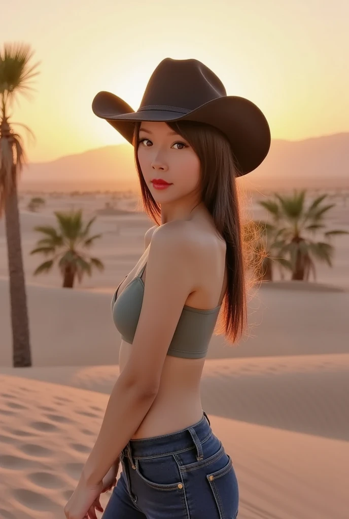 Full shot, full body portrait, an ultra hot gorgeous European woman. Age 23. She’s a playmate and men magazine model. Black hair. background is split rail fence in a rocky, barren desert, ((wearing cowboy hat, micro shorts and fully unbuttoned western white shirt)), long flowing hair, beautiful tanned legs, 8 k lighting, night sky, red sunset 4k extremely photorealistic, uhd 4k highly detailed, ((realistthereal lighting, ultra-high res.photorealistic:.1.4, (high detailed skin:1.2), 8k uhd, dslr, high quality, film grain, Fujifilm XT3,(masterpiece) (best quality) (detailed) (cinematic lighting) (sharp focus) (intricate) golden hour, looking back at the viewer, ass like plum, but like plum
