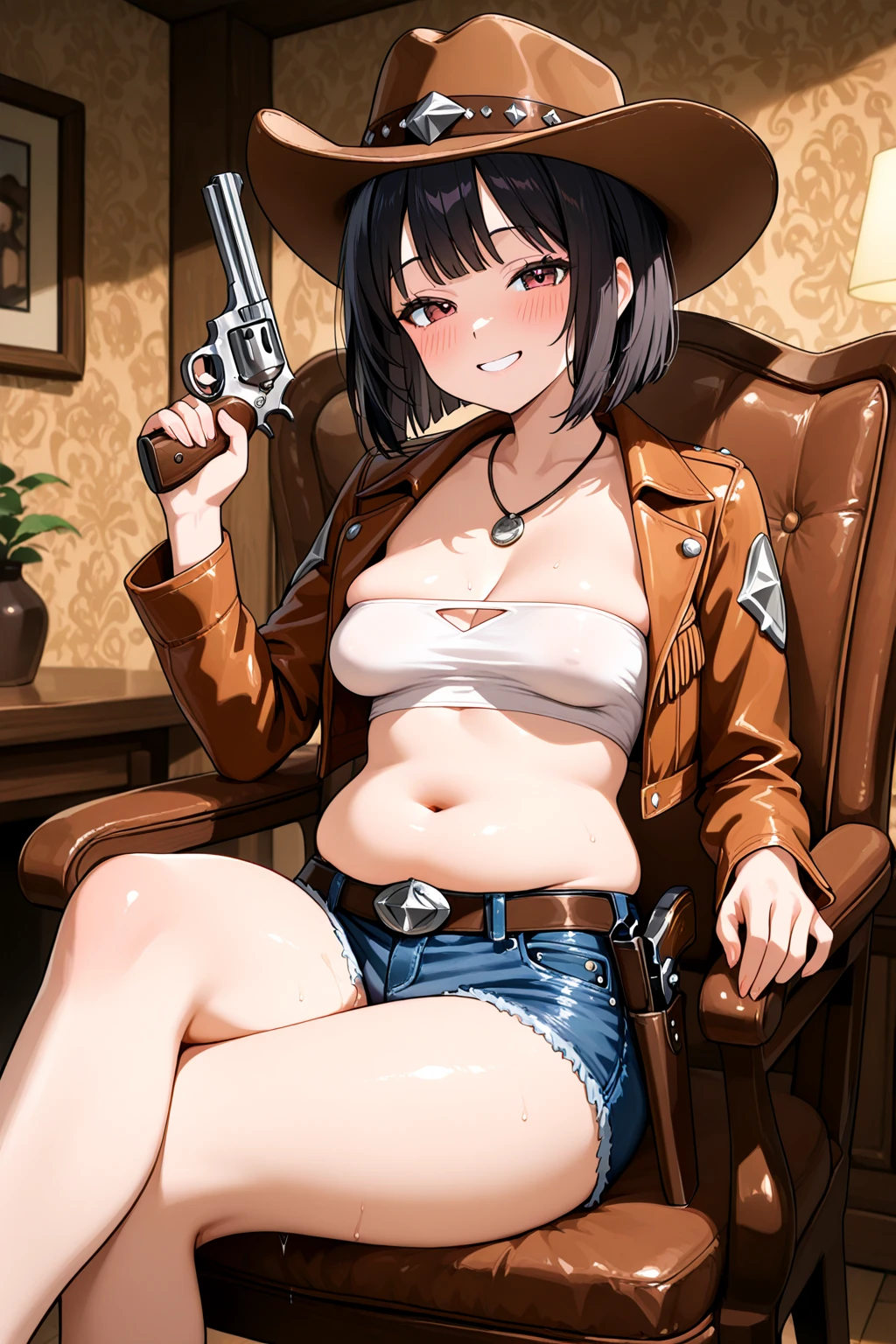 (((One beautiful woman:2.0))),(((NSFW:1.5))),((Nude:2.0))),(((Wearing a gun belt with a holster on his waist:1.8))),((Wear a watch on your wrist:1.5))),(((Showing cleavage))),(((Exposed thin inner thighs))),(((Small breasts:1.5))),(((Bare arms))),((Blushed:1.5)), Beautiful detailed girl, Very detailed目と顔, 緻密でBeautiful Eyes, Very detailed, High resolution, Highest quality, masterpiece, Very detailed, 8k wallpaper, wonderful, finely, Highest quality,(Standing in front of a wooden wall),Beautiful Eyes,((Engage your audience:1.2)),((Cowboy Shot:1.0))),(((Photograph the whole body:1.7))),((Hands on chest:1.8)),(((Strong drunk:1.9))),(((Crying face:1.2))),(((Are standing:1.2)))