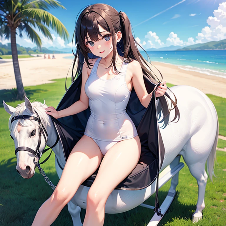 Masterpiece、Highest quality、Closed lips、blush、makeup、((Beautiful breasts、tall、Slender Body、Small breasts)),Silence Suzuka \(Horse Girl\)、((Metallic ultra-small bikini))、Mansuji、See-through nipples、Sweat、whole body、