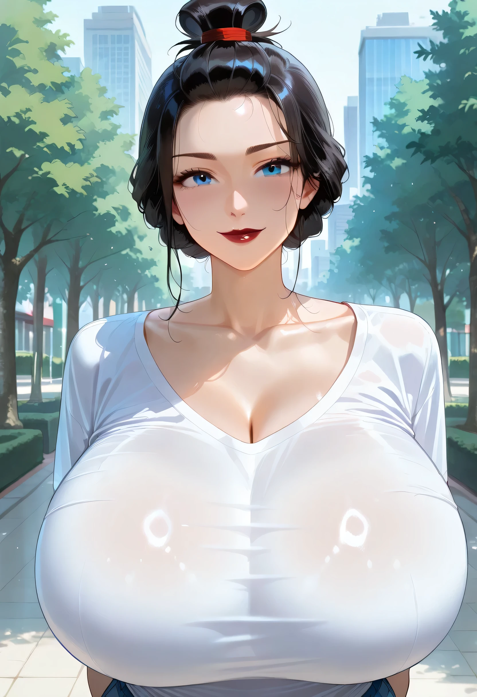 (Perfect Face, Perfect Body), Black Hair, (Top Knot Hair Bun), (Forehead), Black Thin Eyebrows, Light Blue Eyes, Nose, Lips, Dark Red Lips, Big Smile, Collarbone, (Huge Breasts, Perfect Breasts), (Lonely Moon A Glimpse of Solitude T-Shirt), Arms Behind Back, (Looking At Viewer), (Park City, Beautiful City)
