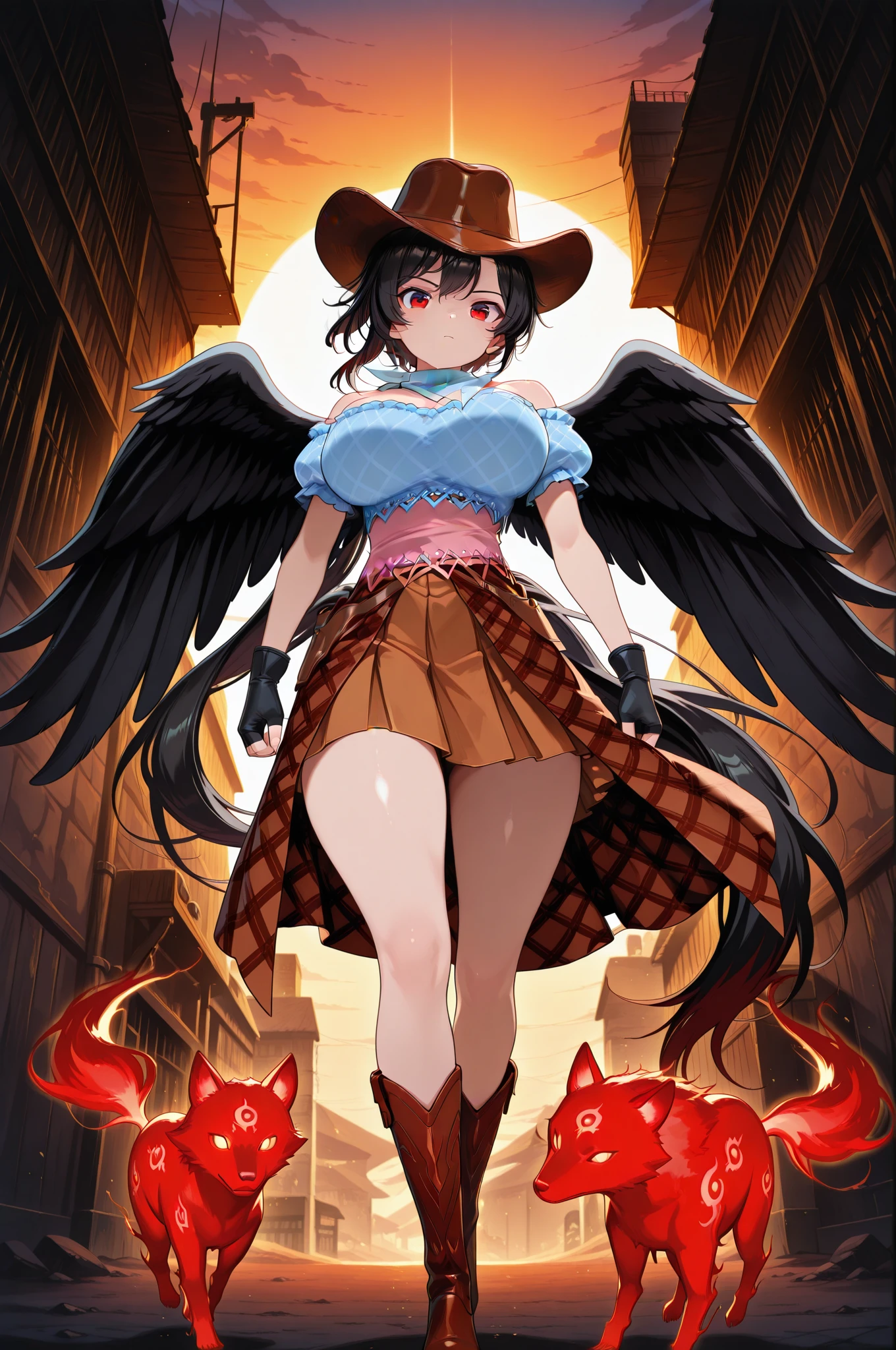 (masterpiece),best quality, expressive eyes, perfect face, 1girl,
big breast, H-cup, good breast, beautiful, gorgeous,anime,girl,lora, floating clothes, tent chest ,
 nipple visible  though clothes,Saki Kurokoma,
red eyes,
black hair,
short hair,
long ponytail,
black wings,
black horse tail,
brown cowboy hat,
brown boots,
light blue plaid shirt,
light pink shirt,
brown plaid skirt,
light orange skirt,
shoulders,
white bandana tied around neck,crazy smile,yameroyandere,yandere,crazy eyes,dark,glowing eyes,shaded face,empty eyes,w sitting, w sitting on ground,legs on ground,arms between legs, hands between thighs,both arms between legs