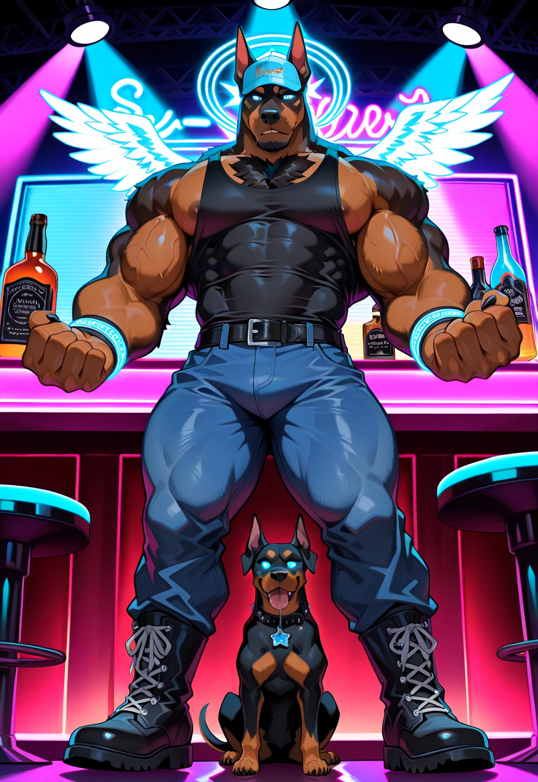Hyper is a hypnotized bouncer doberman at a ! Solo, alone, A big dumb hunky jock doberman who wears a baseball cap whose rim covers his glowing eyes and looks tough! Muscular , black muscle tank top with the word "OBEY" inscribed in white over the in front and shoulders on back, tough and stupid while on guard duty, night time , pleasure island bar, front view , low angled view, best Quality, high quality, ultra high resolution, Fine Eyes, Exquisite Face , stage performers, handsome, Chest muscles, hair, Abdominal muscles, tight blue jeans, neon lights, bar, null-ghost,Takemoto Arashi, Sexy, Muscle Development, hair, Abdominal muscles, boots, Hyper from visual novel "Wolfstar: Sins and Paradise". Hyper from Wolfstar: Sins and Paradise the visual novel score_9, score_8_up, score_7_up, Best Quality, high quality, Ultra High Resolution, fine eyes, exquisite face, dog, , muscles , Muscular development , muscle line, Thick Muscle , doberman, short spiky black hair, hair , doberman head, ultimate warrior pattern facial fur, intense glowing Blue Eyes ,handsome, Spectacular, fine eyes, strong jawline, short black goatee, dog, Five-Toe , Fluffy fur ,null-ghost,Takemoto Arashi, bara pecs, focus on pecs, muscles, muscular male), set of giant light blue angel wings, Highest Quality, 4k, masterpiece, solo, Amazing Details, highly detailed face, no defects, solo, alone, no watermark, no defects, no watermarks, perfect hands. Dazzling lights, special effects, stage show, Amazing Details, highly detailed face, no defects, no watermarks, perfect eyes.