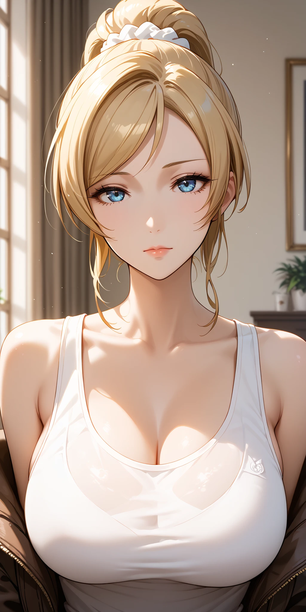 portrait, portrait, Elegant mature woman, blue eyes, blonde, big breast, transparent camisole, see through nipple, high resolution cg 8k, beautiful cg, soft light