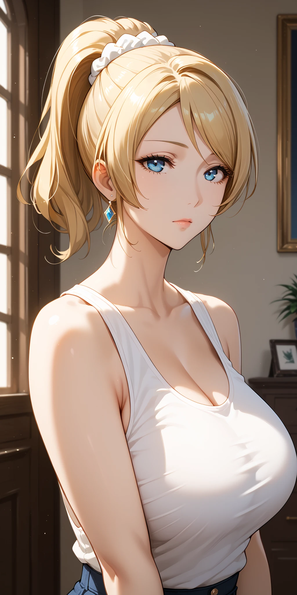 Elegant mature female, blue eyes, perfecteyes eyes, blonde hair, soft light, 4k resolution, high quality, beautiful cg