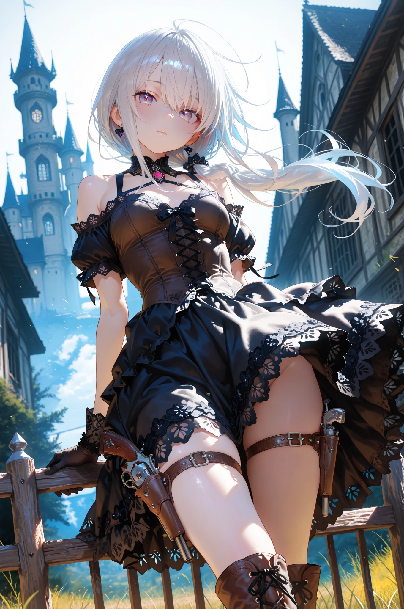 solo, standing skinny girl, long white hair, (white frilled white dress), (very short dress), white frilled tops, sheer dress, bared shoulders, too tight corset, white thighhighs, white thigh strap, BREAK, red eyes, BREAK, golden tiaras, BREAK, (show off large perky breasts), cleavage, collarbone, BREAK, skinny long legs, show off thigh gap, BREAK, smile for viewer, (nsfw:0.5), slipping vagina, areolae slip