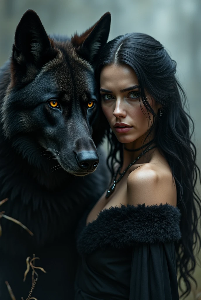 best quality,4k,8k,highres,masterpiece:1.2),ultra-detailed,(realistic,photorealistic,photo-realistic:1.37),woman touching wolf,beautiful detailed eyes,beautiful detailed lips,extremely detailed face,wolf with intense gaze,forest scene,long wavy hair flowing in the wind,wild and untamed atmosphere,sunlight filtering through the trees,enchanting background,mysterious and captivating setting,natural lighting,ethereal beauty,dark and dramatic color palette,emotional connection between the woman and the wolf,strong bond between human and nature,unforgettable moment captured by the artist,storytelling and emotion,evoking a sense of wonder and awe,surreal and dreamlike,impeccable rendering and attention to detail,perfect harmony of nature and human spirit,showcasing the strength and vulnerability in both characters,contrast between soft feminine features and the wolf's untamed nature,celebration of the wild and free spirit,creating a masterpiece that speaks directly to the soul., full body, detailed face, detailed eyes, detailet hands