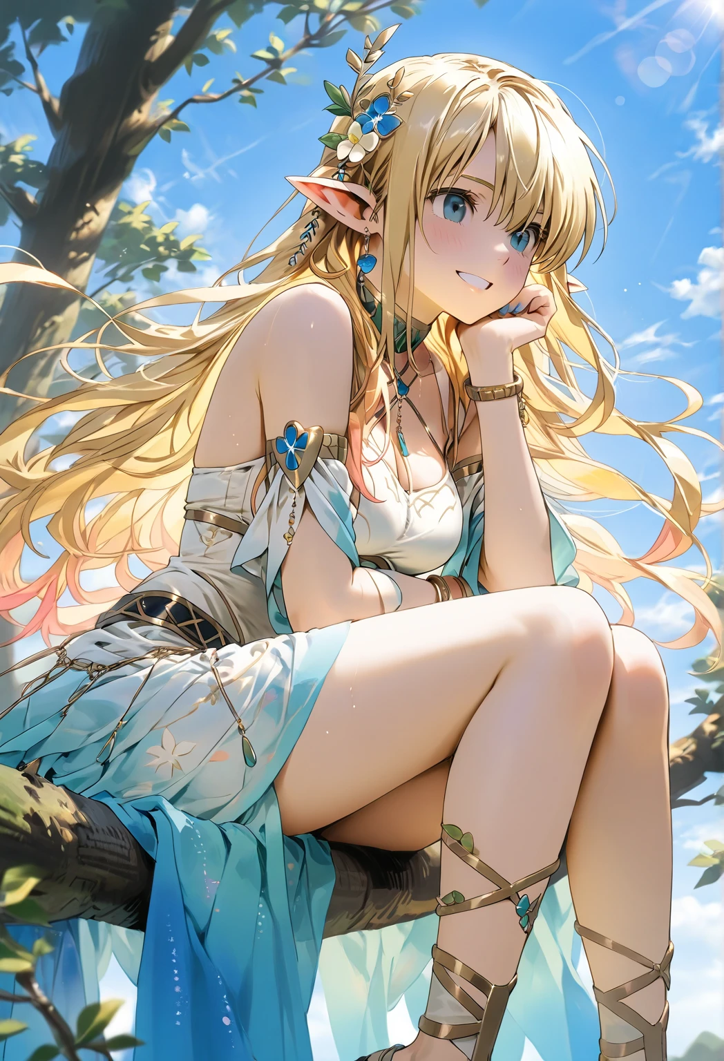 best quality、Highest image quality、Super beautiful elf beauty((22-year-old OL with big bust、Bust 90,Beautiful long permed hair、Blonde、Slender、beautiful tiara、high quality、Elf ears、Happy smile、myth、Sexy的、extremely good、Mysterious Forest、in the woods、super high quality, Super detailed, Ultra-clear, forest, one person, long blonde hair, sleep, Swimsuit, dress, dress, Bathrobe, mini skirt, Stockings, Sexy, looking into the distance,Overlooking, posture, attitude, model