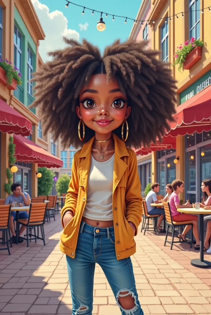 menina negra, adolescente, olho castanho, sorriso claro, flor, ao ar livre, Seu cabelo esta preso coque, Tom cinza Claro, portanto, estilo afro, encaracolado, corpo inteiro, The background is filled with an urban tone of the city, evoking a sense of lightness and happiness.