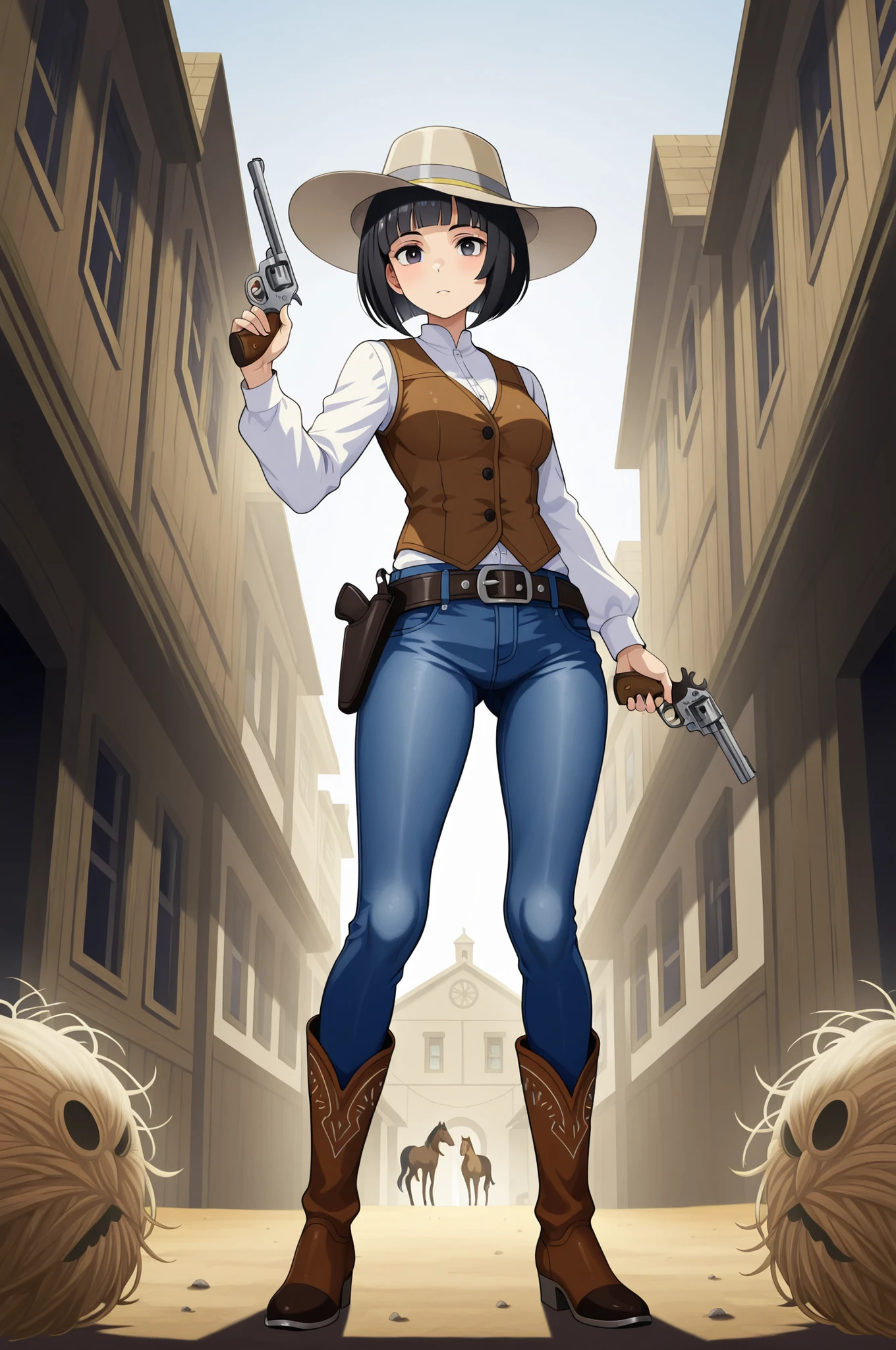 one woman is standing wearing tights、mayahell,black hair,dark eyes,bob cut、Long Jeans、white shirt、 brown vest 、Gunbelt、cowboy boots、I'm wearing a ten-gallon hat、is holding a revolver handgun and pushing up a ten gallon hat、Western buildings、horse、tumbleweed