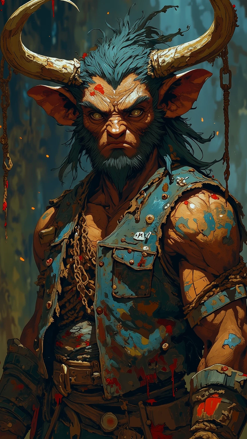 Solo Sexy young anthro furry bovine male mercenary medieval solider, slim muscular, anthro handsome gay, handsome gay model male apperance, headband shaggy shag fag hairs, scars, worn out leather skimpy armament, low on hips heavy leather belt, old very worn out skimpy dirty linen material jockstrap, old yellow dirty worn out stains on white sawn jockstrap, very visible "x" brown seam pattern on the jockstrap, studded skimpy armlets breastplate armor, skimpy breastplate, leather bondages, fingerless leather gloves, smelly unwashed furr, dirty body look, desert battlefield, standing in sexy fighting position, close view of full character