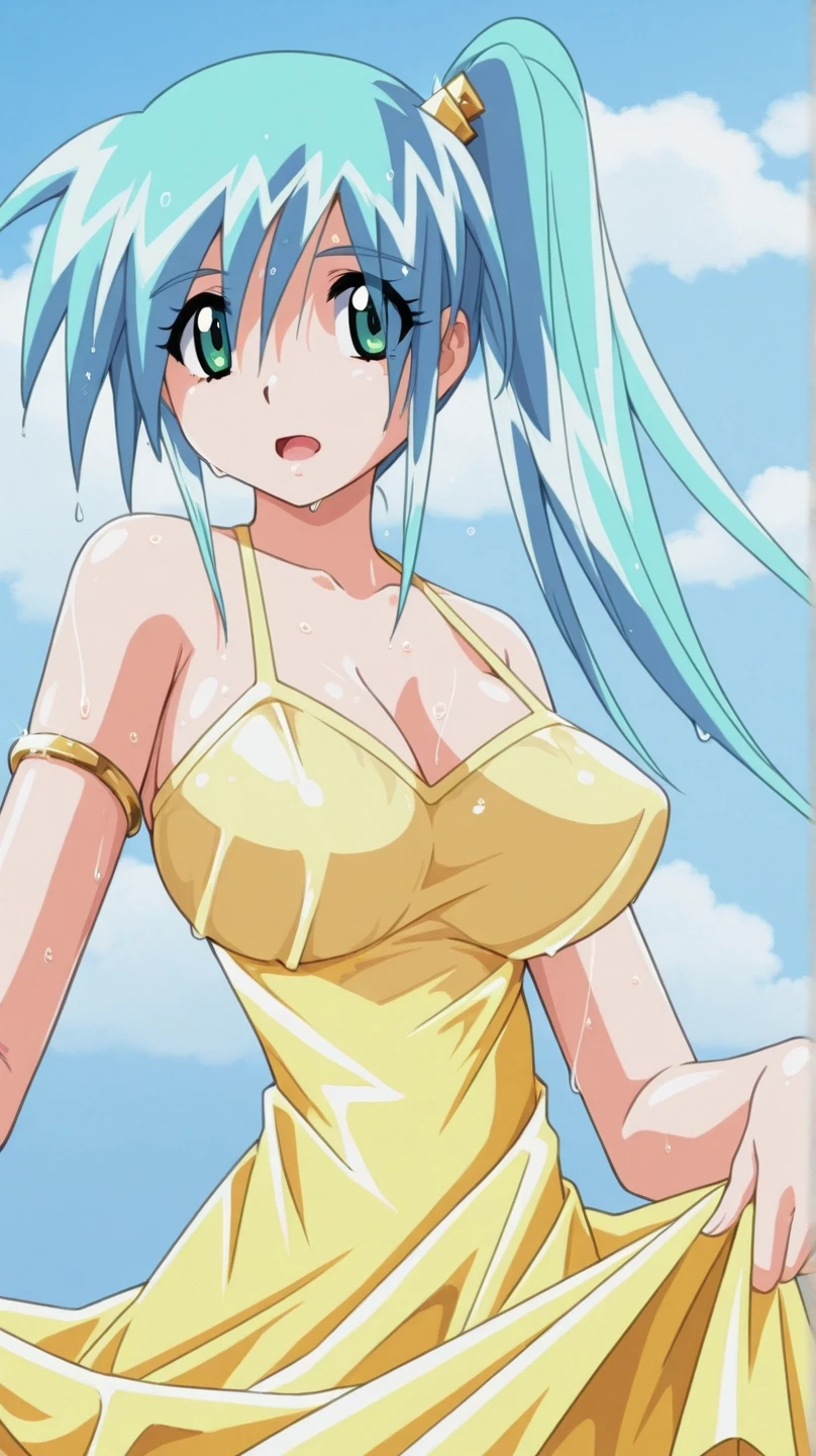 (high resolution、high quality、Masterpiece)、diver_misaki,1990s\(style\), aqua hair, side ponytail hair, hair ornament, blue eyes, (strapless,blue bikini:1.4), thighhighs, (gigantic breasts:1.5),(blush,sexy,erotic)