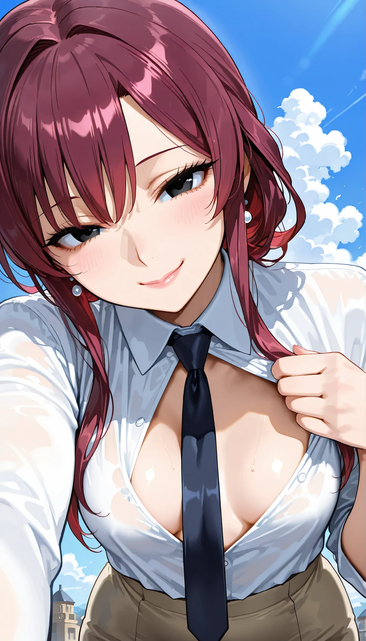 masterpiece, top quality, Mature Woman成人女性 , one woman, Newest, top quality, is wearing a pink baggy t-shirt, (ulzzang-6500:0.5), bathed Eileen Berthelion (FAIRY TAIL\), (Red hair) + (twin blade) + (black eyes, ((Dark circles under the eyes)), Kafka costume, Ties, Blue Sky, seductive smile inducing to both breasts, , cowboy,small breasts, sexy Red hair, Illustrious_Mature Woman