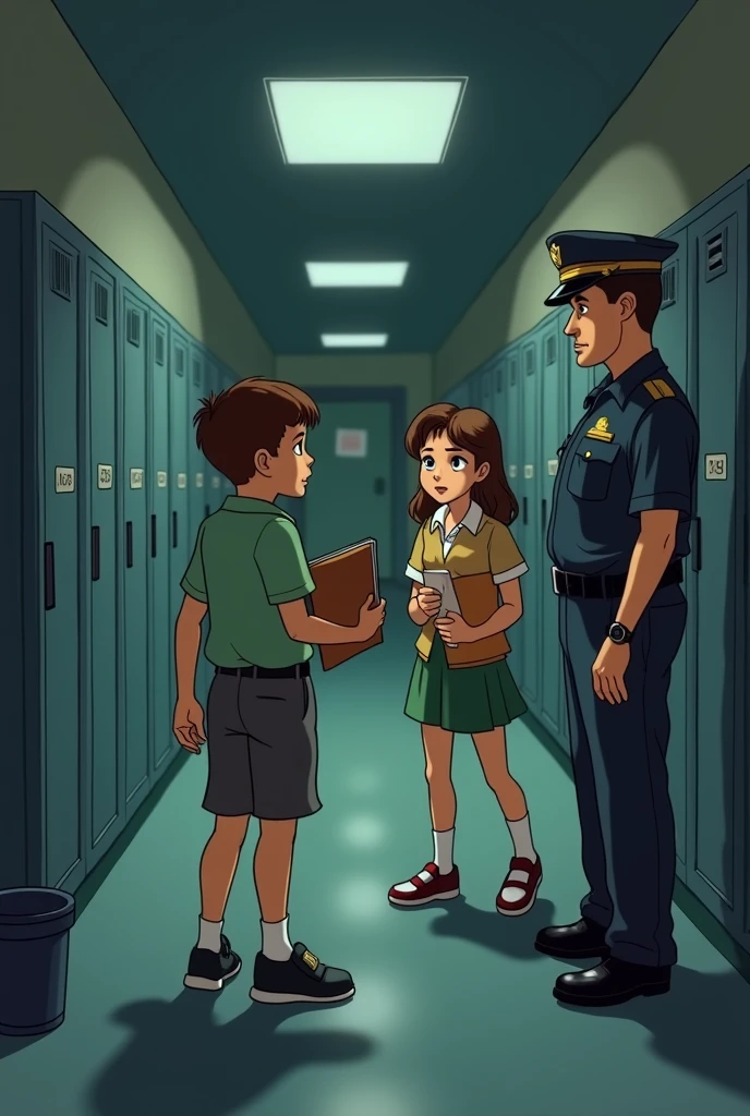 four girls talking to a police officer nervously ( one with long straight black hair, another black hair tied in a bun, another a preppy blonde and the other a curly brunette