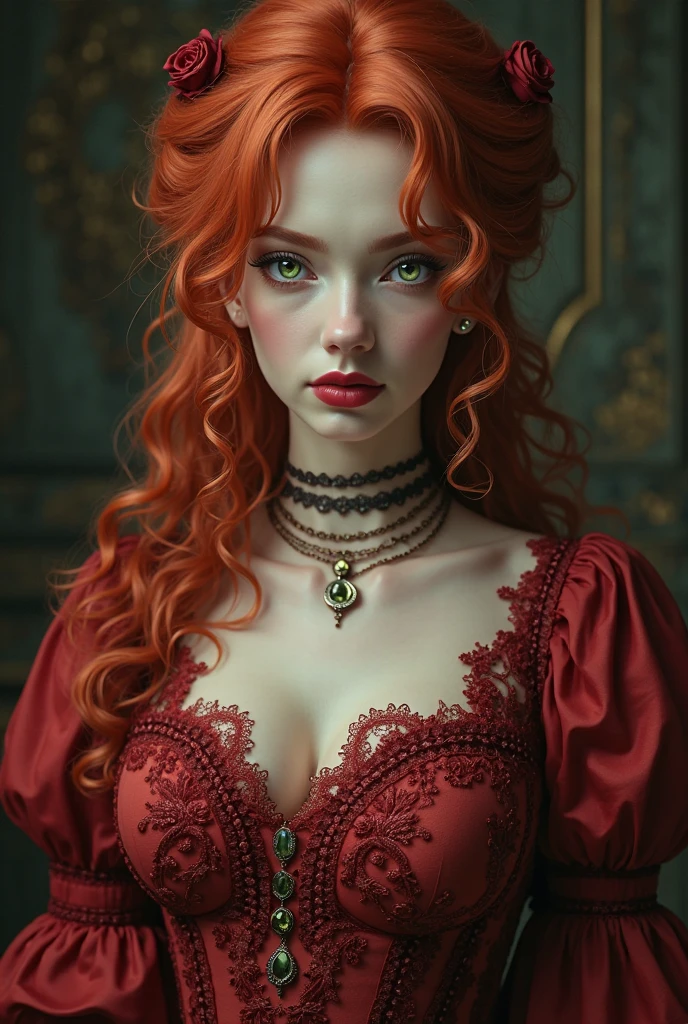 A very beautiful toreador vampire with extremely red hair and blue eyes, she also has freckles, She has noble origins and is very fond of jewelry and always wears high heels., your heel is elegant and chic 
