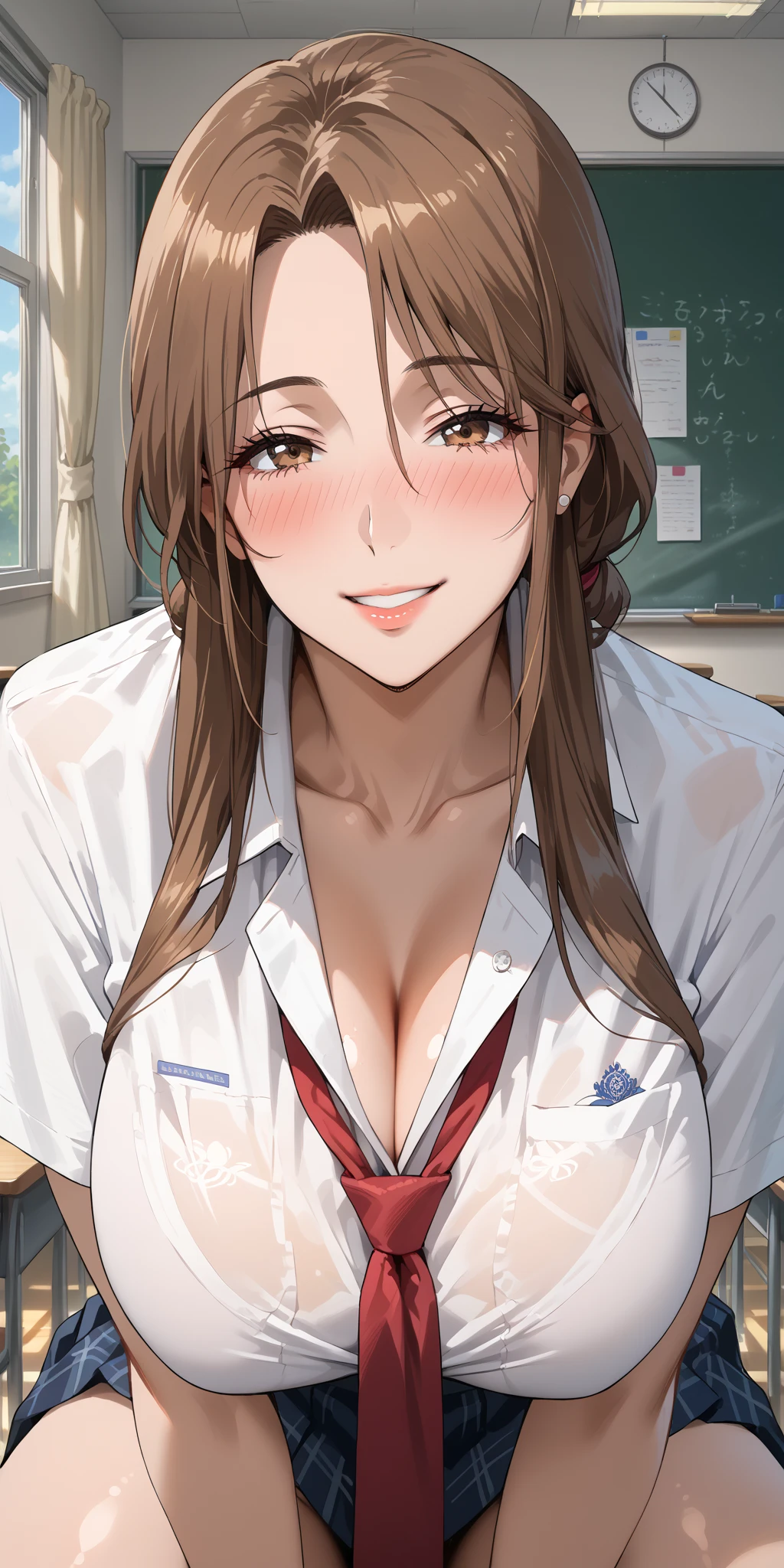 ((Tabletop, highest quality, High resolution, , Pixel perfect, 4K,))), 1 female doctor, single, alone, beauty、The whole body is visible、 ((Mid-wave hair, bangs, Brown Hair)), ((Brown eyes, Beautiful eyelashes, Realistic eyes)), ((Detailed face, Blushing:1.2)), ((Smooth texture:0.75, Realistic texture:0.65, Realistic:1.1, Anime CG Style)), Mid-chest, Dynamic Angle, Perfect body, (( , ,Doctor lab coat、No bra、White Cut and Sew 、))、、Very embarrassing panic smile, 、Black flared skirt、classroom、The wind flips up my skirt、I can see all of your panties、、(Showing off her white and pink floral lace panties、Spread your legs)、Angle from below)、