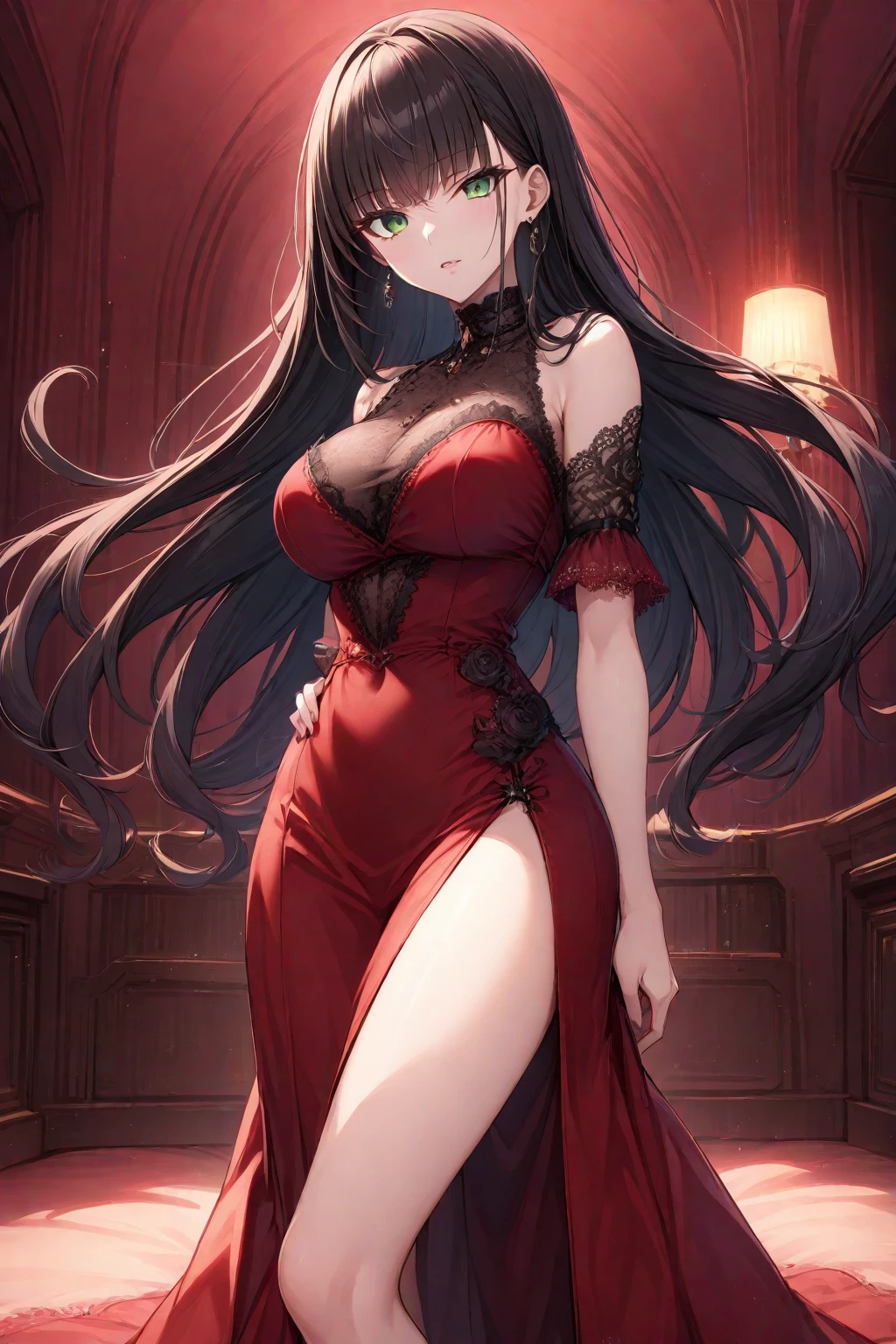 1girl, beautiful, vampire goddess, brunette very long hair, red eyes, sexy body and big breast, wearing a sexy red dress, ultrasharp, looking at the viewer, ((best quality)), ((masterpiece)), (detailed), perfect face,