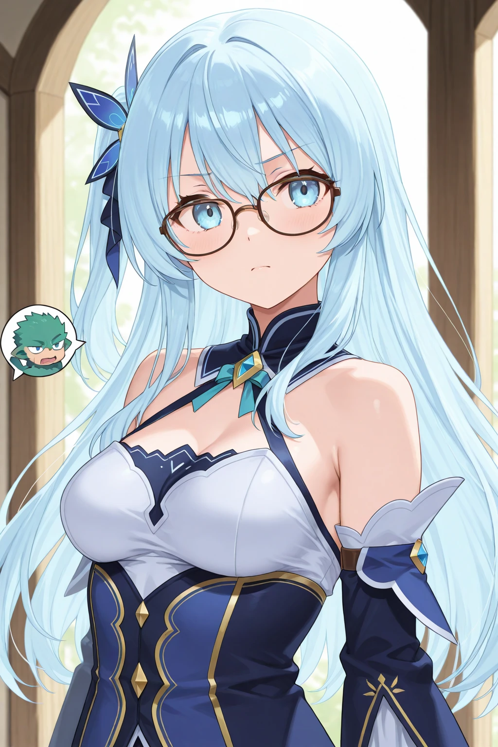 woman, braided pigtails, huge breasts, (huge breasts: 1.8), glasses, blue eyes, green hair, underwear, underwear visible, thong underwear, string panties, pubic hair protruding, pubic hair protruding, erect nipples, erect nipples, cute anime face, noise removal, maid, Japanese style maid, black leotard, full body portrait, leotard that digs into her butt, Liu Erdao, sandals, blue eyes, long black tights, gentle smile, white kimono, thong that digs into her butt, butt emphasis
