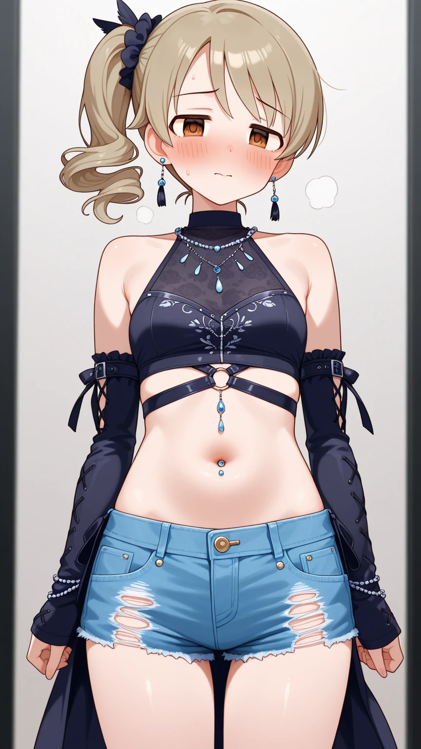 1 woman, alone, 8K, masterpiece,, Masterpiece, 8ก, (big breasts:1.5), Cute face, smile a little , look at the audience.,, blue panties, Show some shirts.. ,