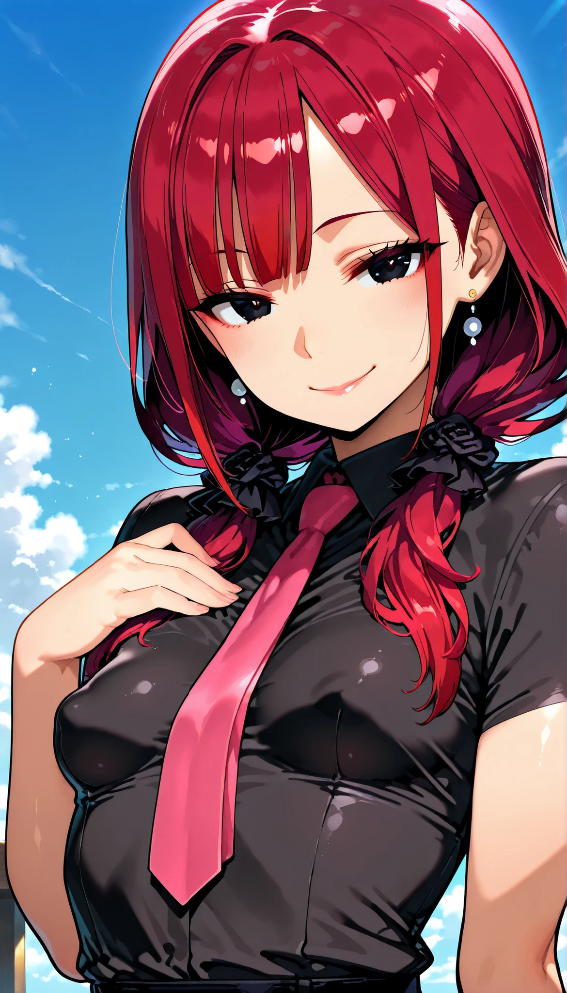 masterpiece, top quality, Mature Woman成人女性 , one woman, Newest, top quality, is wearing a pink baggy t-shirt, (ulzzang-6500:0.5), bathed Eileen Berthelion (FAIRY TAIL\), (Red hair) + (twin blade) + (black eyes, ((Dark circles under the eyes)), Kafka costume, Ties, Blue Sky, seductive smile inducing to both breasts, , cowboy,small breasts, sexy Red hair, Illustrious_Mature Woman