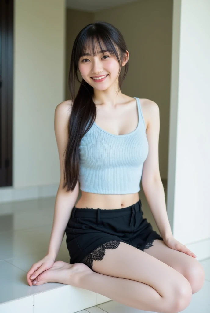 (8K、RAW Photos、Highest quality、masterpiece:1.2)、(Realistic、Realistic)、1 Girl、((ponytail、Shorts、Feminine sportswear、Tank top、Navel look、large breasts、garden、View from the front、smile、Looking into the camera、Stand with hands on hips))、cute
