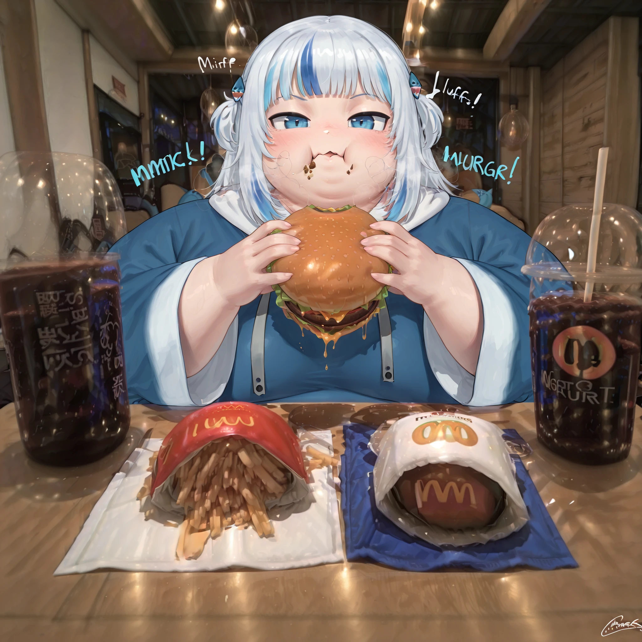 masterpiece, best quality,
burgerdate,
gawr gura,
1girl, solo,
:t, closed mouth,
eating, holding, holding food,
looking at viewer,
burger, fast food, burger on table,
photo background,
wooden table, fat, chubby, obese, gigantic arms and legs, large breasts open mouth, out of breath
soda, cola, drink,
napkin, full body shot, from above