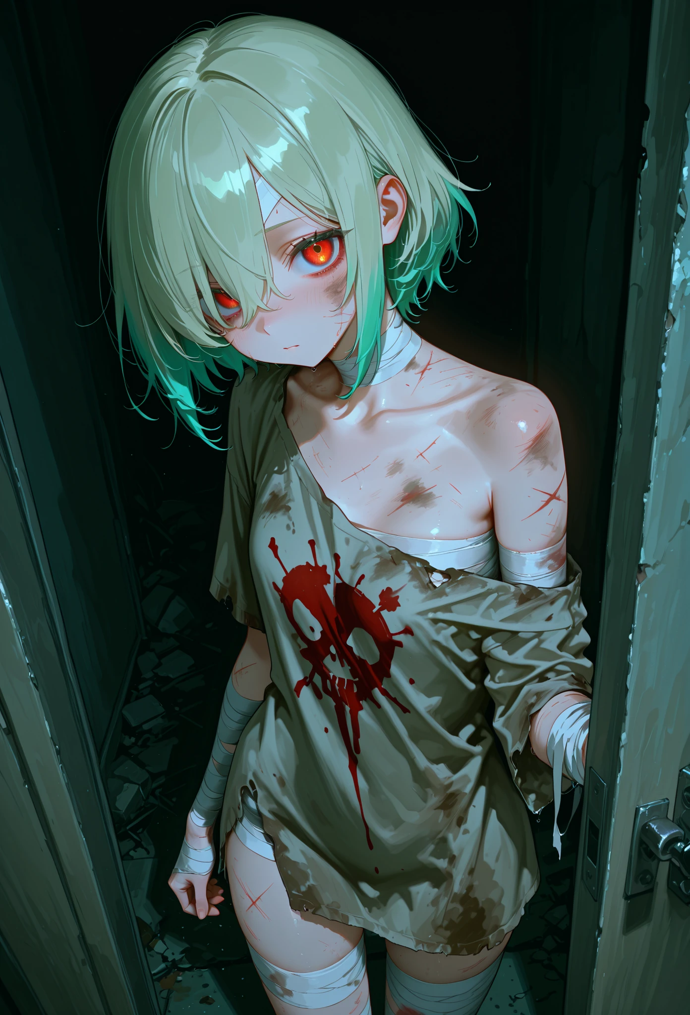 upper body shot、zombie、Dynamic Angle、Outside the old and beautiful Western-style building、Girl、Girl、Short、Younger、Lower school girls、Pussy、Both eyes open、Decaying green skin、It is dirty、flat chest、Nipples、Bloody、Injured、Looking down on、I'm not feeling well、Wandering、Half naked、My clothes are torn、My hair is messy、Pale complexion、I'm about to die、Eating humans