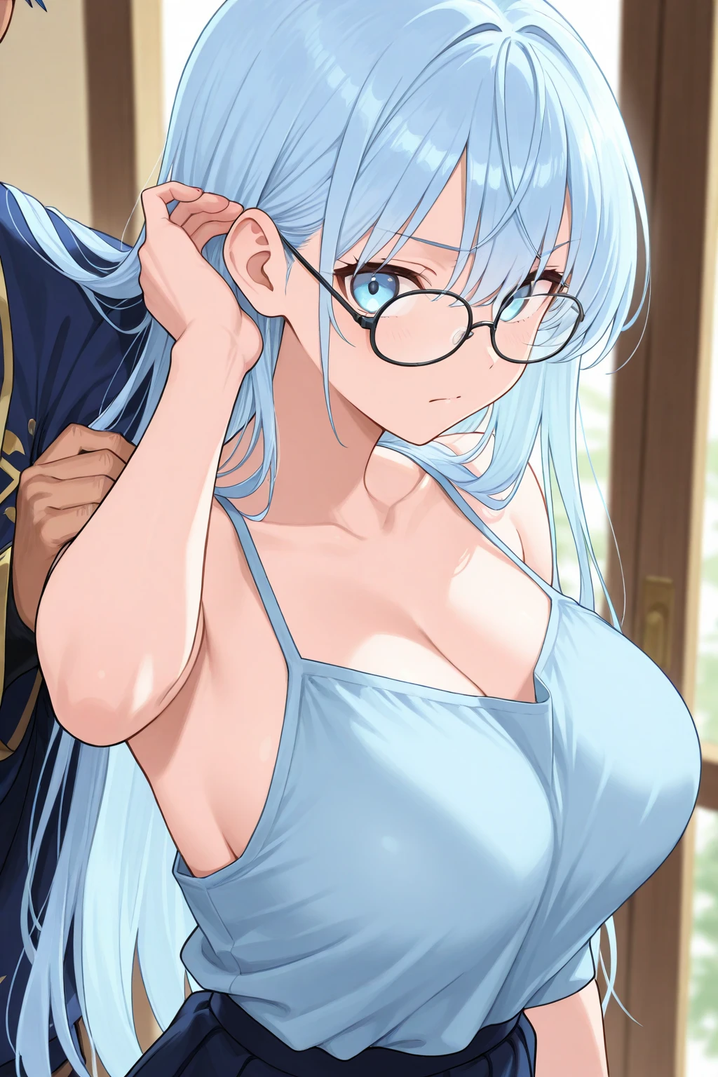 (best quality, highres, masterpiece : 1.4), (flatten art : 0.8), masterpiece, (best quality), (one punch man psykos), 1woman, anime, wavy aqua blue hair, fair skin, aqua eyes, red lip, thin eyeglass, large breast, sadistic grin, (detailed face), white dress (revealed), night, bedroom, close-up, hentai, nude, revealing clothes, seducing, alluring, enticing, cowgirl position, woman-on-top sex, porn, sweating, moaning, pov, cumming