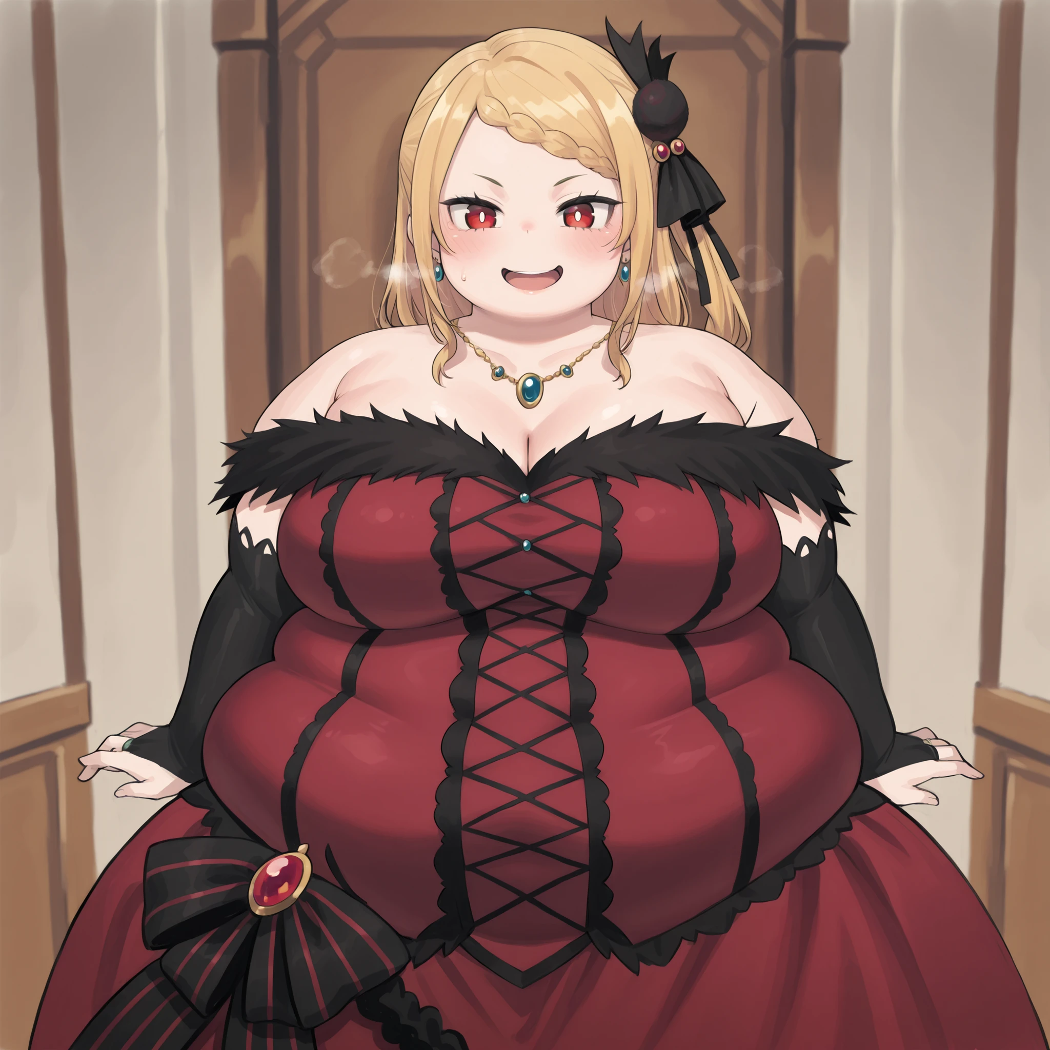 chubby girl, Blonde with green eyes, medium length hair, round facial features, glasses with black square frames Ball gown, royal crown