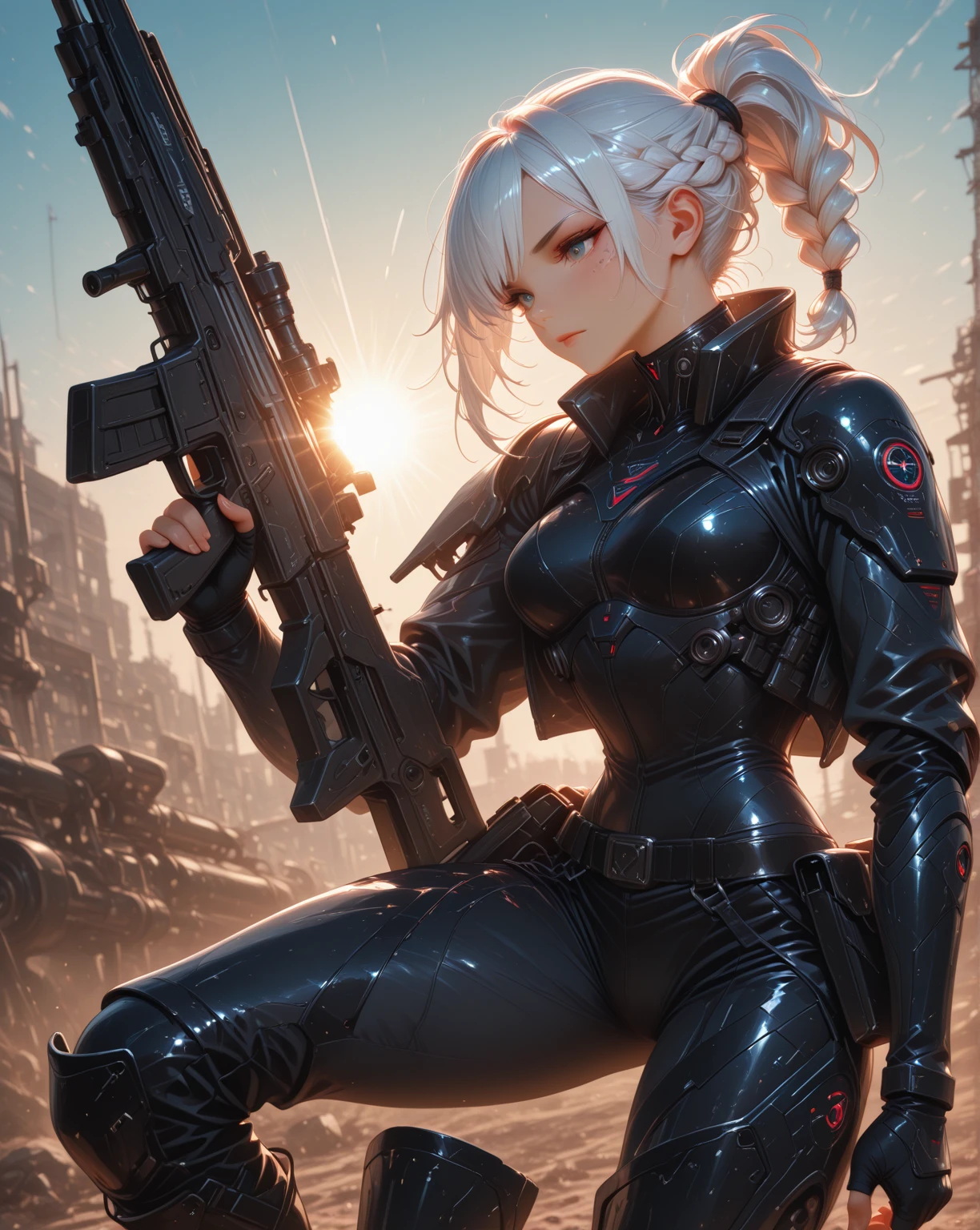 hat, necktie, gloves, ribbed bodysuit, expressionless, blank eyes, looking at viewer, corruption, mind control, female combatant, full body, hypnotized, unhappy trance, full body, obey, perfect female body, hypnosis, hypnoLora, empty eyes, Mind control device, poses, submissive_pose, Slave, standing straight, standing, standing at attention, Fighting Stance, extending the right arm from the shoulder into the air with a straightened hand, (((pixel-perfect, detail-perfect))), solo, 1girl, hair ornaments, medium hair, large breast, huge breast, solo,1girl,spasnormal,hair ribbon,red eyes,grey hair, twintails, sabrina, SPASNORMAL