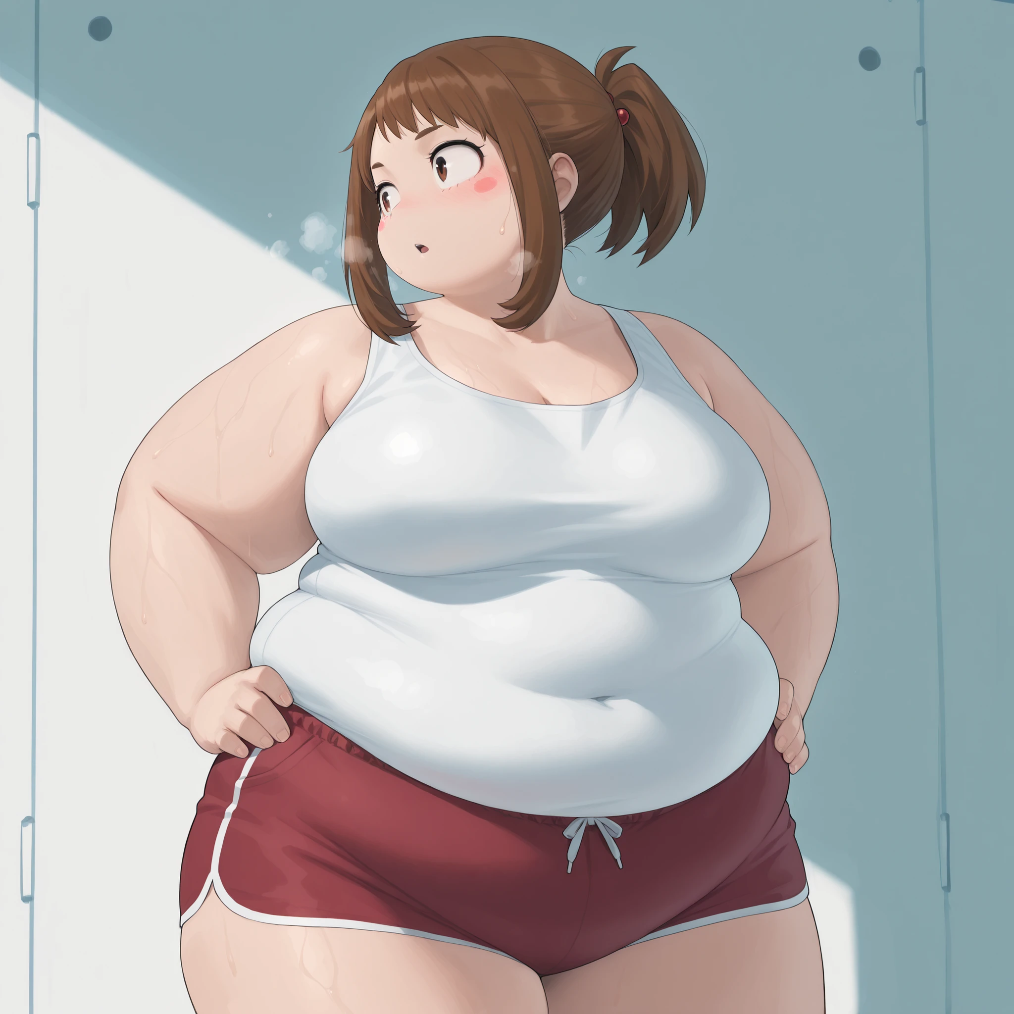 high resolution picture, masterpiece, best quality, amazing quality, official art, 1girl, Ochako Uraraka from My Hero Academia , ochako uraraka, brown eyes, brown hair, short hair, blush, blush stickers, medium breasts, source anime, anime coloring, BREAK (curvy), alternate costume, bare arms, bare shoulders, breastsage, hands on own hips, looking to the side, , parted lips, ponytail, red shorts, shorts, solo, tank top, , white tank top fat, chubby, obese, gigantic arms and legs, large breasts open mouth, out of breath