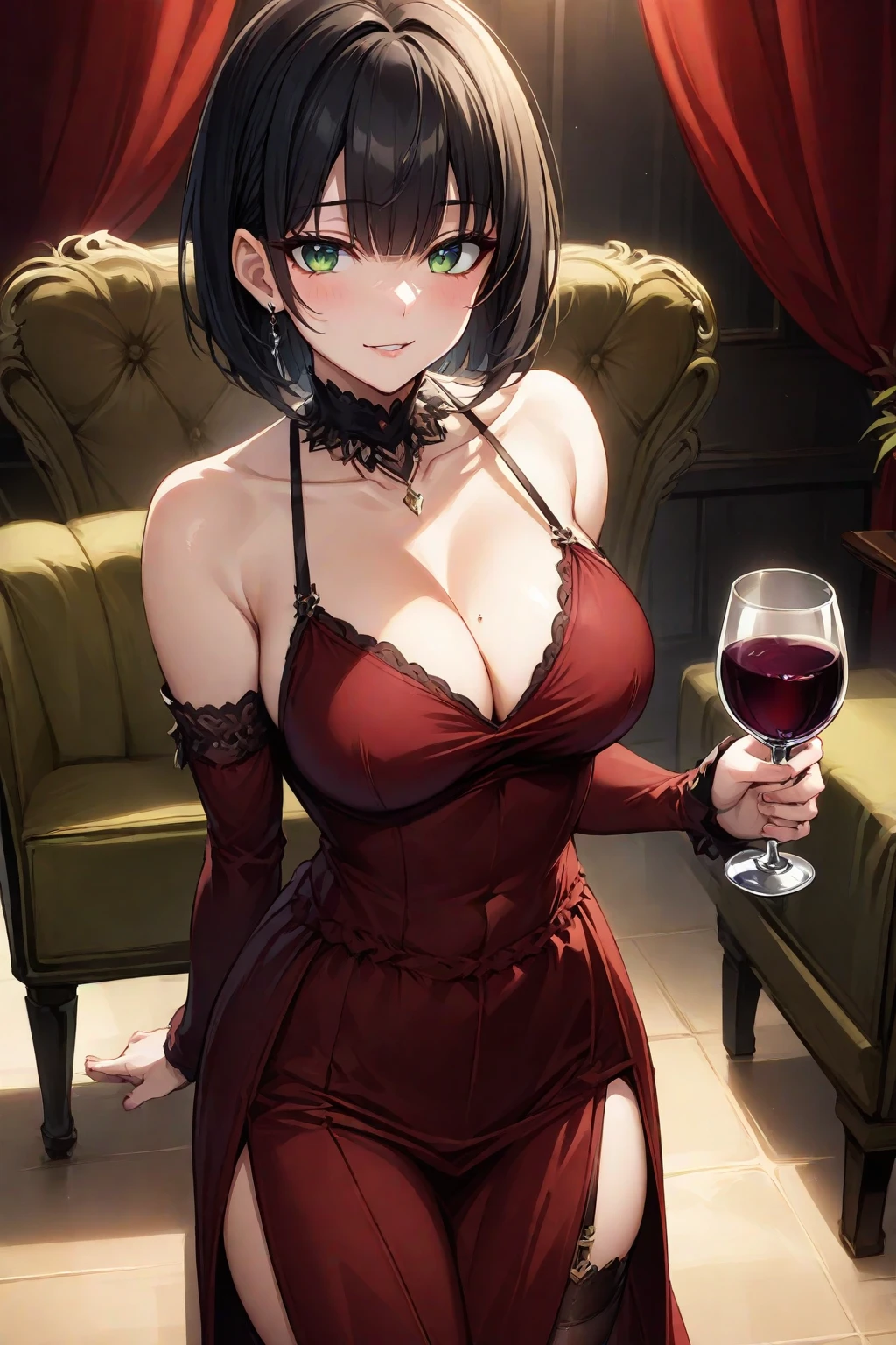 (8K HDR photorealistic pic), Betty Boop, short, althetic, curvy lady, ((tight little red dress)), dark eyebrows, black lipstick, (hoop earrings), dark eyeshadow, black lipstick, curvy, busty, (curly short black hair), shortstack, (retroussé breasts), darling figure, (supple pouting breasts), firm thighs, hourglass figure, kerchief, big brown eyes, dancing seductively