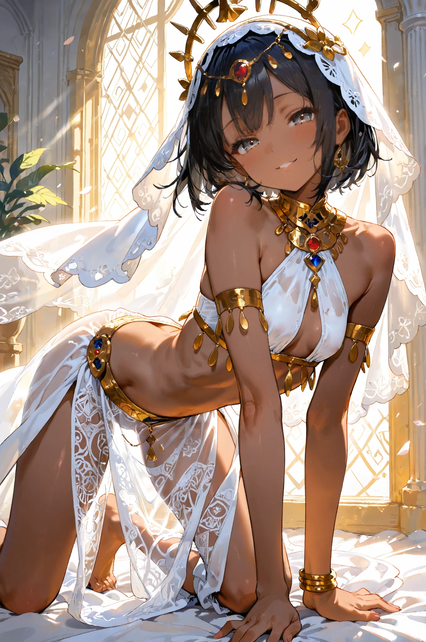 (1 boy  20 years old solo:1.4),(flat chest),(dark skin:1.7), (masterpiece:1.2), highest quality, High resolution, unity 8k wallpaper, (fine and beautiful eyes:1.6), highly detailed face, perfect lighting, Detailed CG, (perfect hands, perfect anatomy),  20 years old, (black hair:1.3), detailed eyes, best quality, extremely detailed, very precise detailed, (glasses:1.6), (blunt bangs:1.3), (open mouth), (very short pixie cut:1.2), (Sandals:1.2), (evil smile:1.4), , (half closed eyes:1.3) ,long sidelocks, (blush),(kneeling:1.3),(Put left knee in front:1.5),(see-through arabian clothes:1.5),,( harem pants:1.4),(arms behind head),spread legs,(veil:1.3),(see-through belly dance costume:1.2)