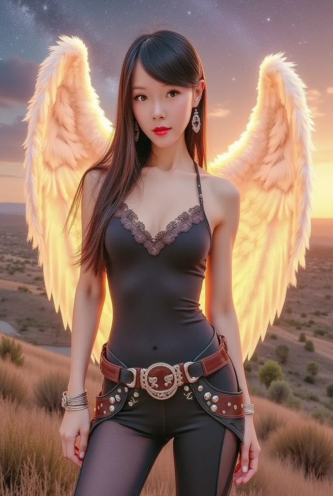 1 girl, golden dress bikini, halo, demon horns, she wears intricate and delicate ornaments, choker, super villain, stand, tatto, cross necklace, earrings, jewellery, An angel with beautiful and delicate ornaments on her wings sits in a stone palace built on a sea of clouds, cross tatto, night in the outdoor of kingdom with moon in the sky