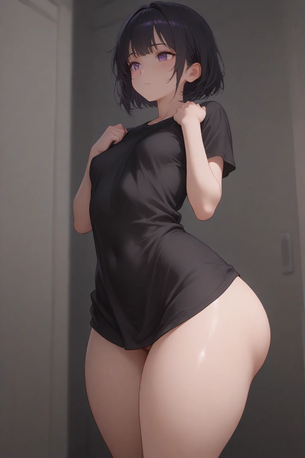 masterpiece, best quality, extreme detail, digital painting, absurdres, volumetric lighting, 1girl,solo, small breasts, short hair, blue eyes,short shorts,thighhighs,thick thighs,wide hips,standing, heavy blush,smile , open mouth, arms behind back, hands behind back, eyes rolled, orgasm, orgasmic face