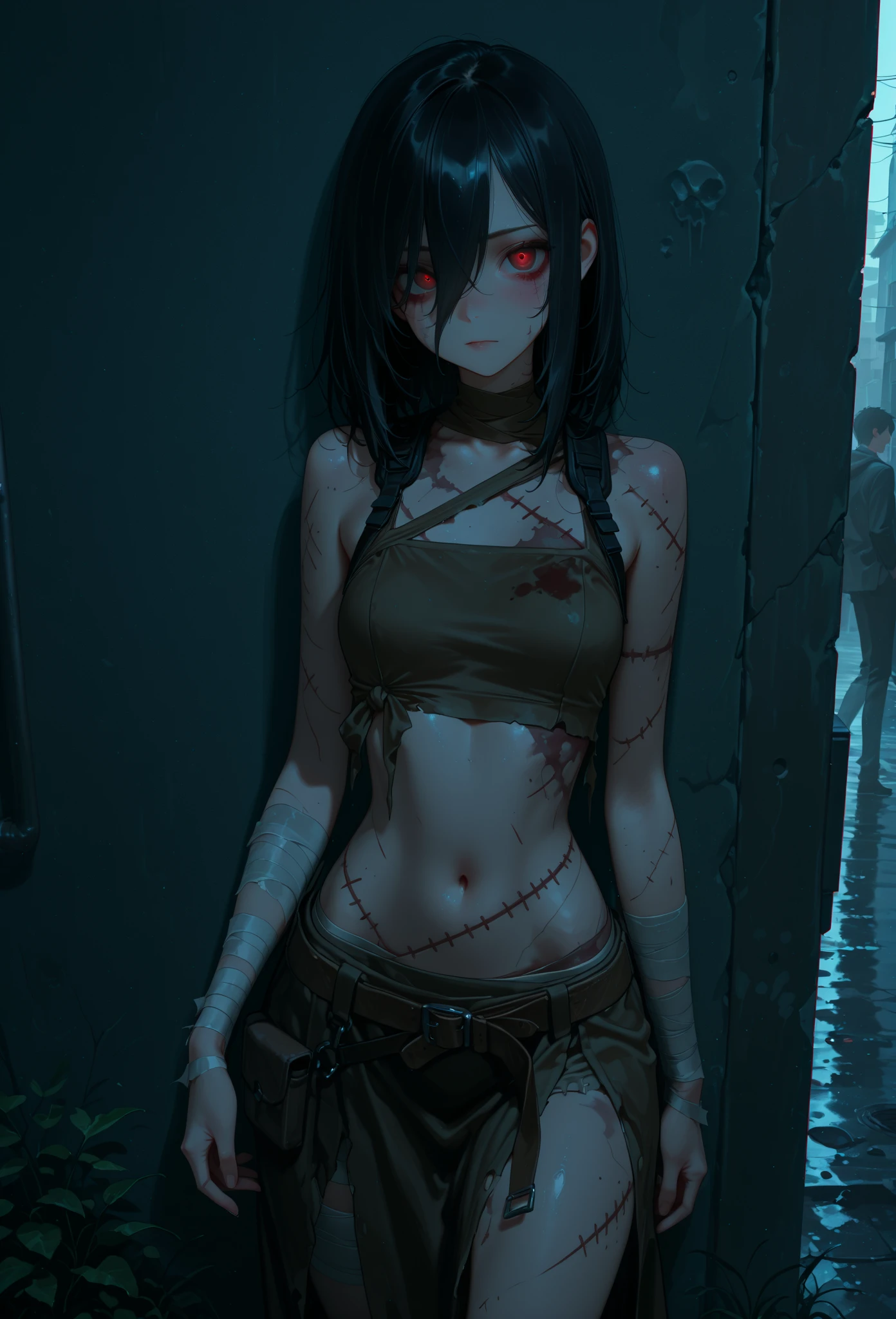 A zombie girl stares into the darkness., beautiful body, cool tits, pale skin